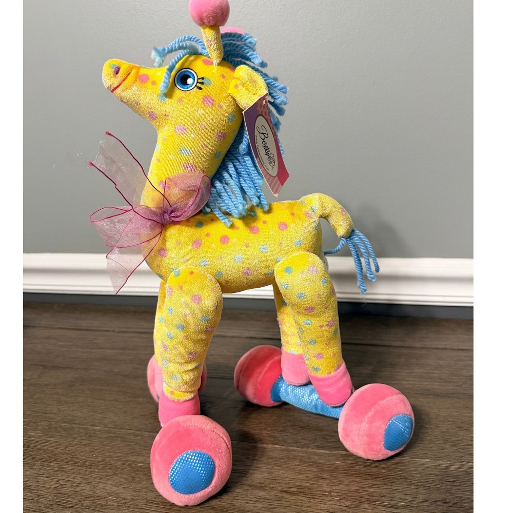 Bestever Giraffe Plush Yellow Polka Dot Blue Yarn Mane Roller Skates Toy NWT